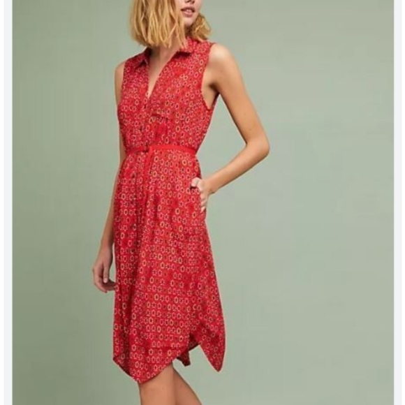 Maeve Anthropologie Red Daisy Midi Shirtdress US 6 - Picture 1 of 15